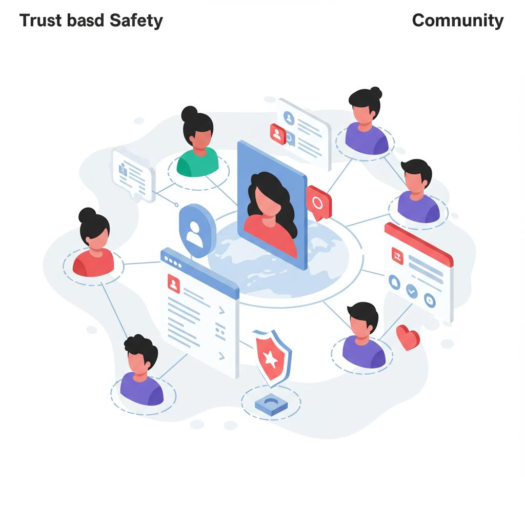 "'Trust based Safety'와 'Community'라는 제목 아래, 중앙에 한 명의 사용자가 위치하고 주변에 여러 사람들이 연결된 네트워크 형태로 표현된 일러스트. 각 사람은 프로필 창과 함께 메시지, 좋아요, 보안 아이콘 등으로 연결되어 신뢰 기반의 안전한 커뮤니티를 상징한다."
