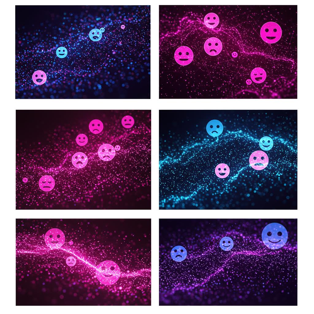 감정 아이콘이 빛의 입자 위에 떠 있는 디지털 그래픽으로, 온카스터디의 감정 데이터 분석과 인공지능 감정 인식 기술을 상징한다.