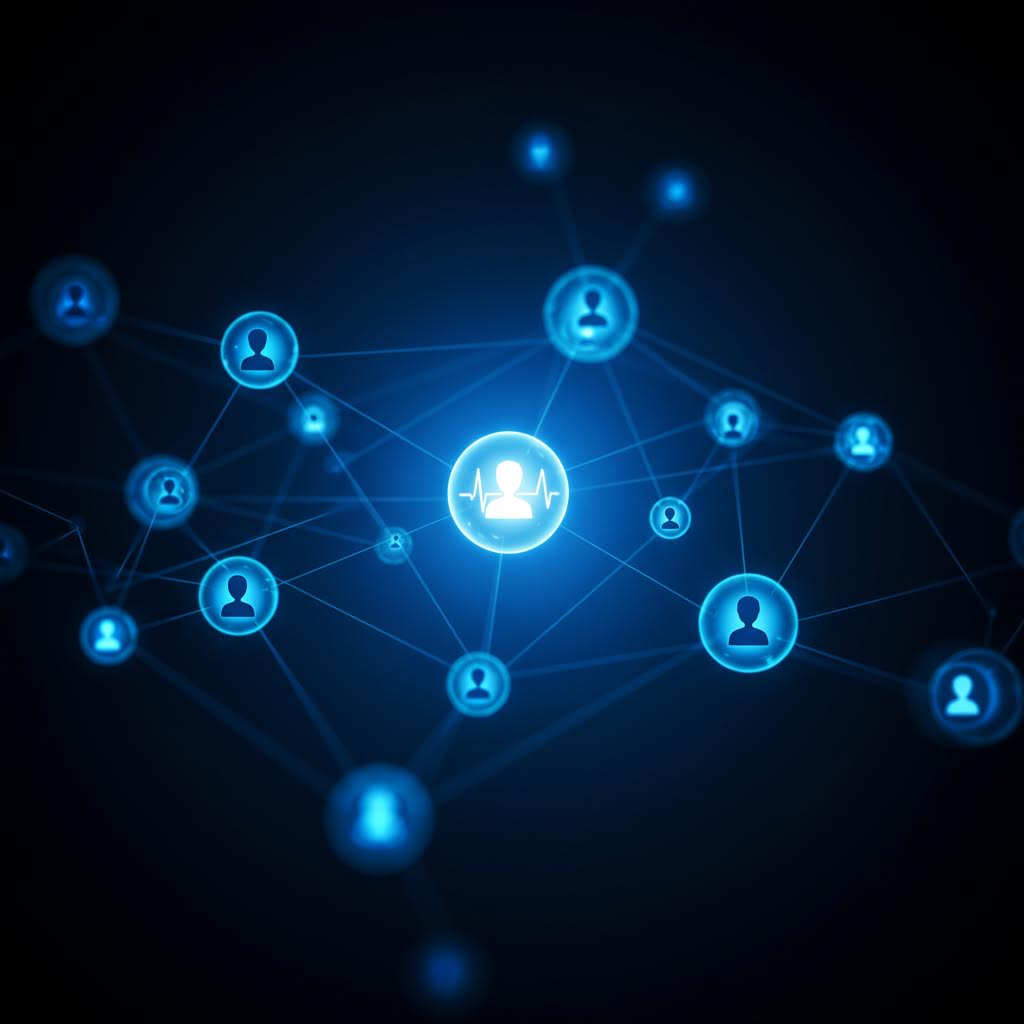 푸른 배경의 네트워크 아이콘들이 연결된 그래픽, 온카스터디의 헬스 데이터 네트워크 시스템을 시각적으로 표현한 이미지