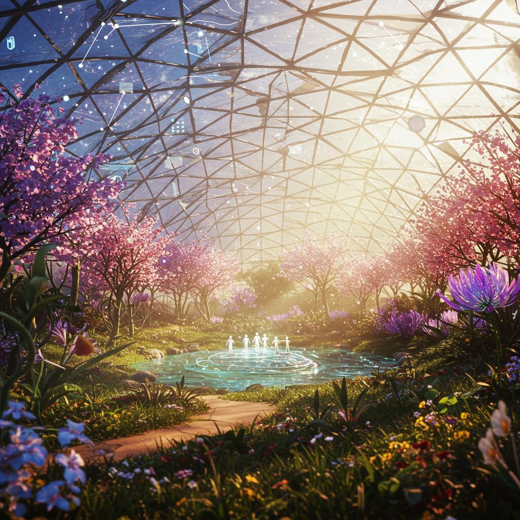 투명 돔 안의 디지털 정원 풍경, 온카스터디의 지속 가능한 가상 생태계를 상징하는 메타버스형 공간