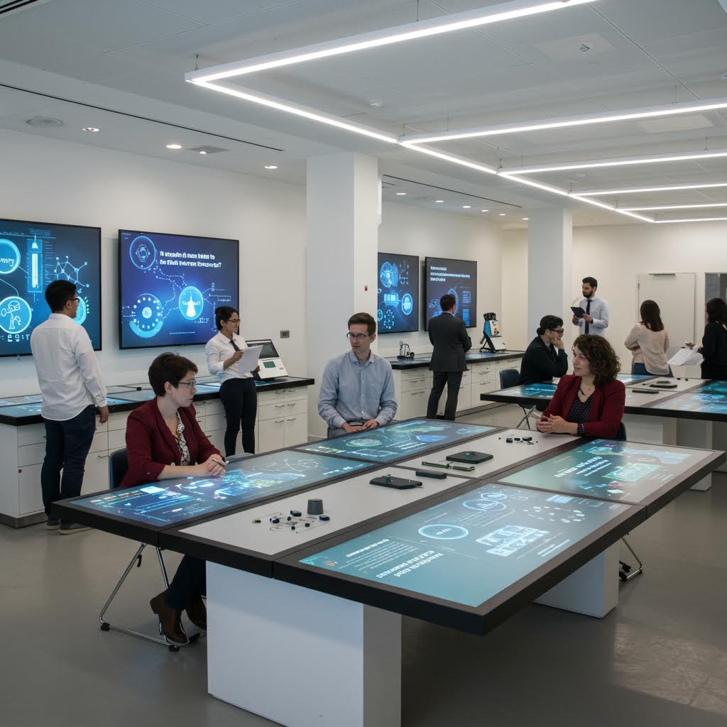 "현대적인 회의실에서 여러 사람이 대형 터치스크린 테이블을 사용해 데이터와 그래픽을 분석하고 토론하는 모습. 벽면에는 대형 스크린에 질문과 다이어그램이 표시되어 있으며, 'Is enough trust there to let them innovate?'라는 문구가 보인다."