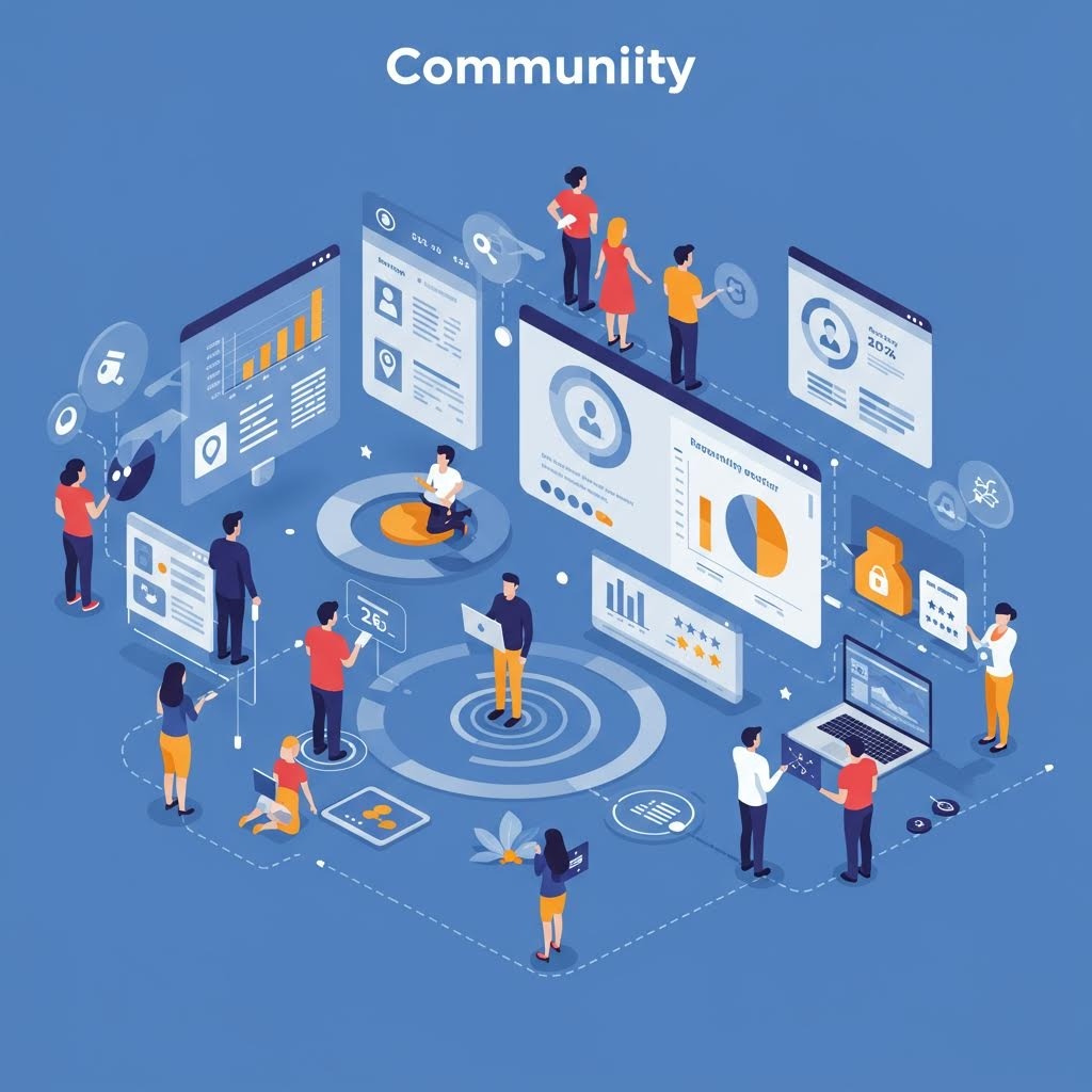 온카스터디의 'Community' 제목 아래 파란색 배경에 다양한 사람들이 대형 대시보드, 차트, 보안 인터페이스 주변에 서서 데이터를 검토하며 상호작용하는 아이소메트릭 디지털 커뮤니티 플랫폼 일러스트레이션