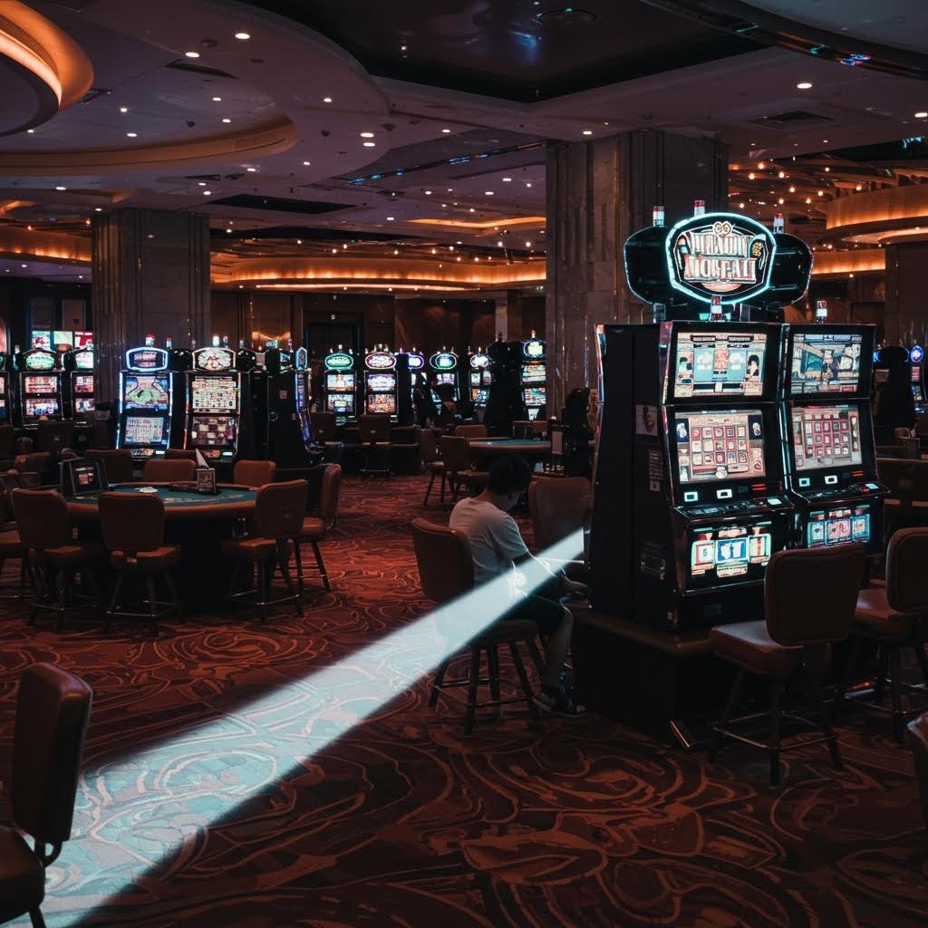 라스베가스 스타일 카지노 내부 전경 - 슬롯머신과 게임 테이블이 있는 고급 도박장 인테리어