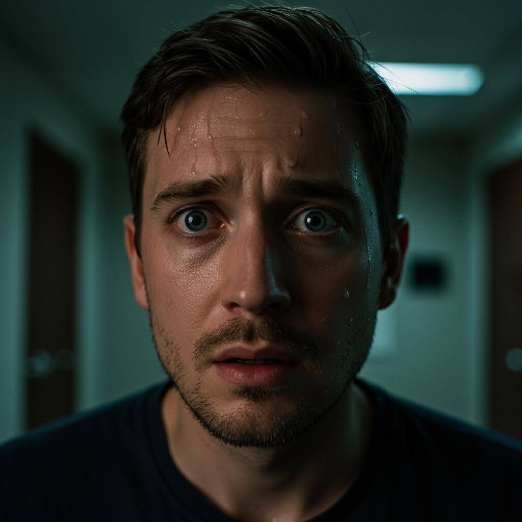 도박 중독으로 고통받는 남성의 클로즈업 초상화 - 땀 흘리며 불안해하는 표정