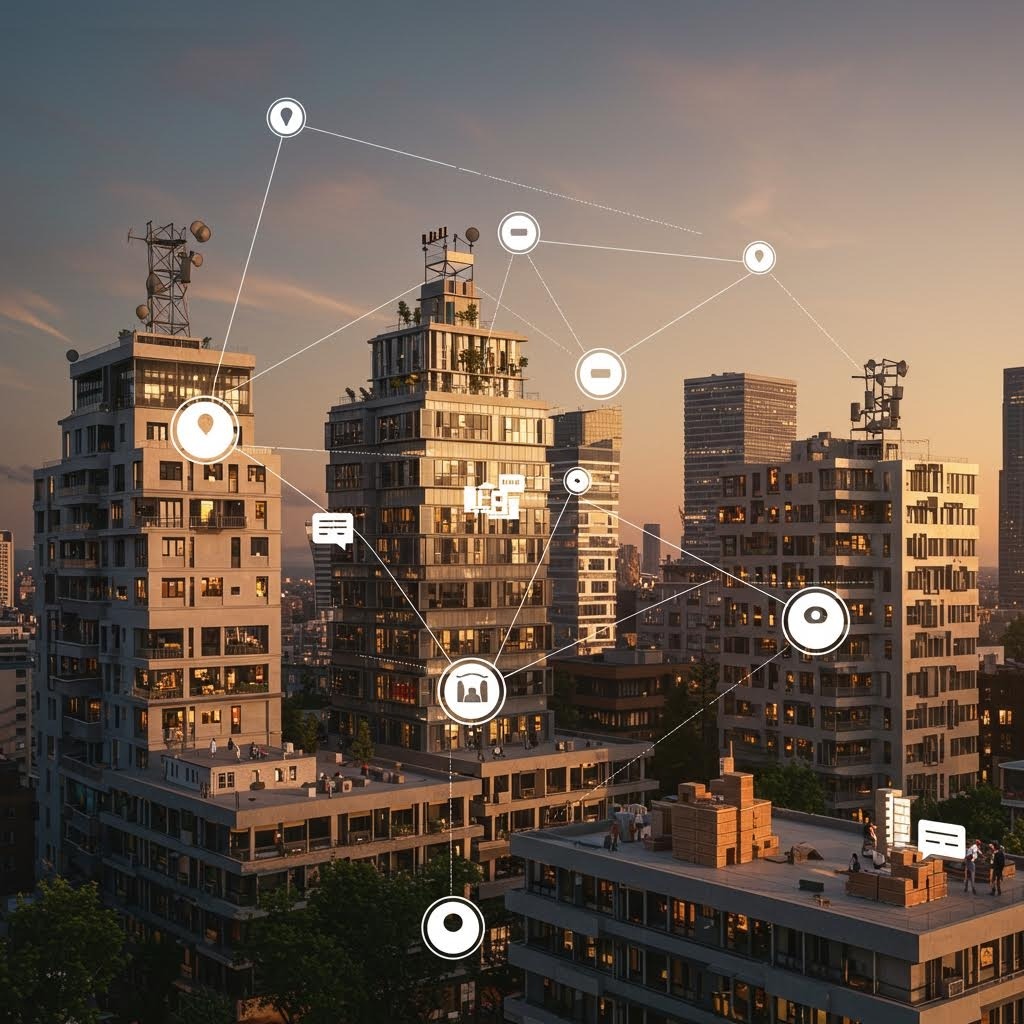 온카스터디의 황혼 도시 스카이라인 위에 다양한 아이콘들이 흰색 원 안에 담겨 선으로 연결되어 스마트 시티 IoT 네트워크와 건물 간 통신을 시각화한 이미지