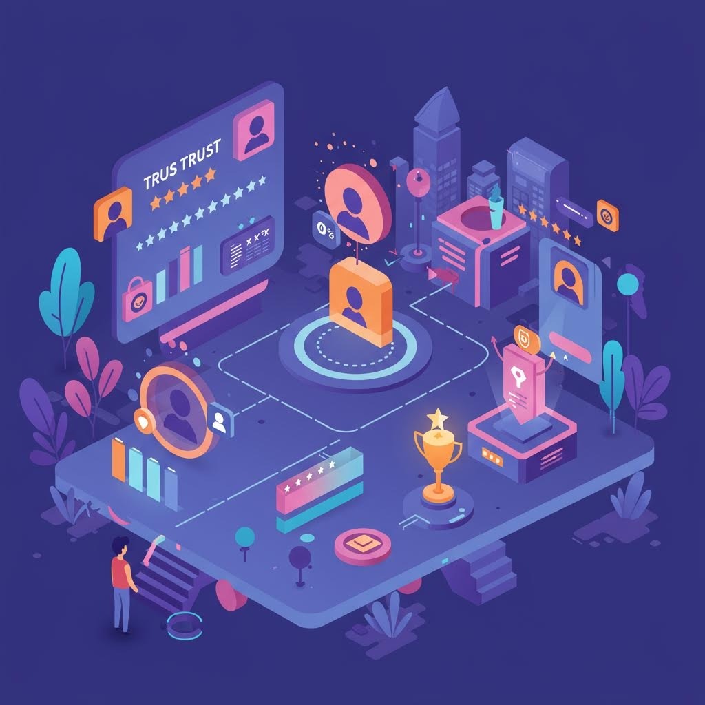 온카스터디의 신뢰 기반 디지털 플랫폼을 상징하는 3D 일러스트. 중앙에 사용자 프로필과 'TRUST' 별점, 트로피, 그래프가 배치되어 있으며, 사용자 신뢰도와 성과를 시각화한 인터페이스가 강조되어 있습니다.