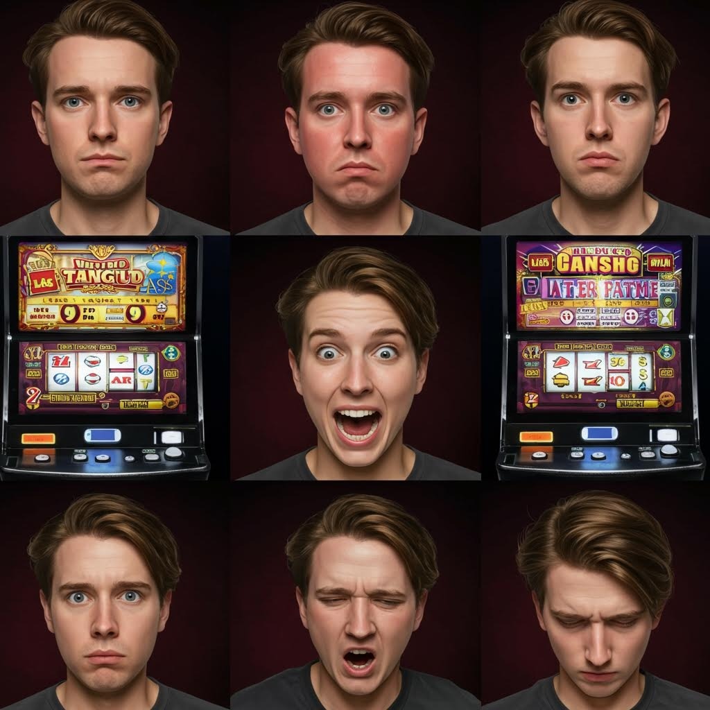슬롯머신 게임 중 다양한 감정 표현 - 긴장, 흥분, 실망하는 남성 플레이어의 얼굴 표정 콜라주