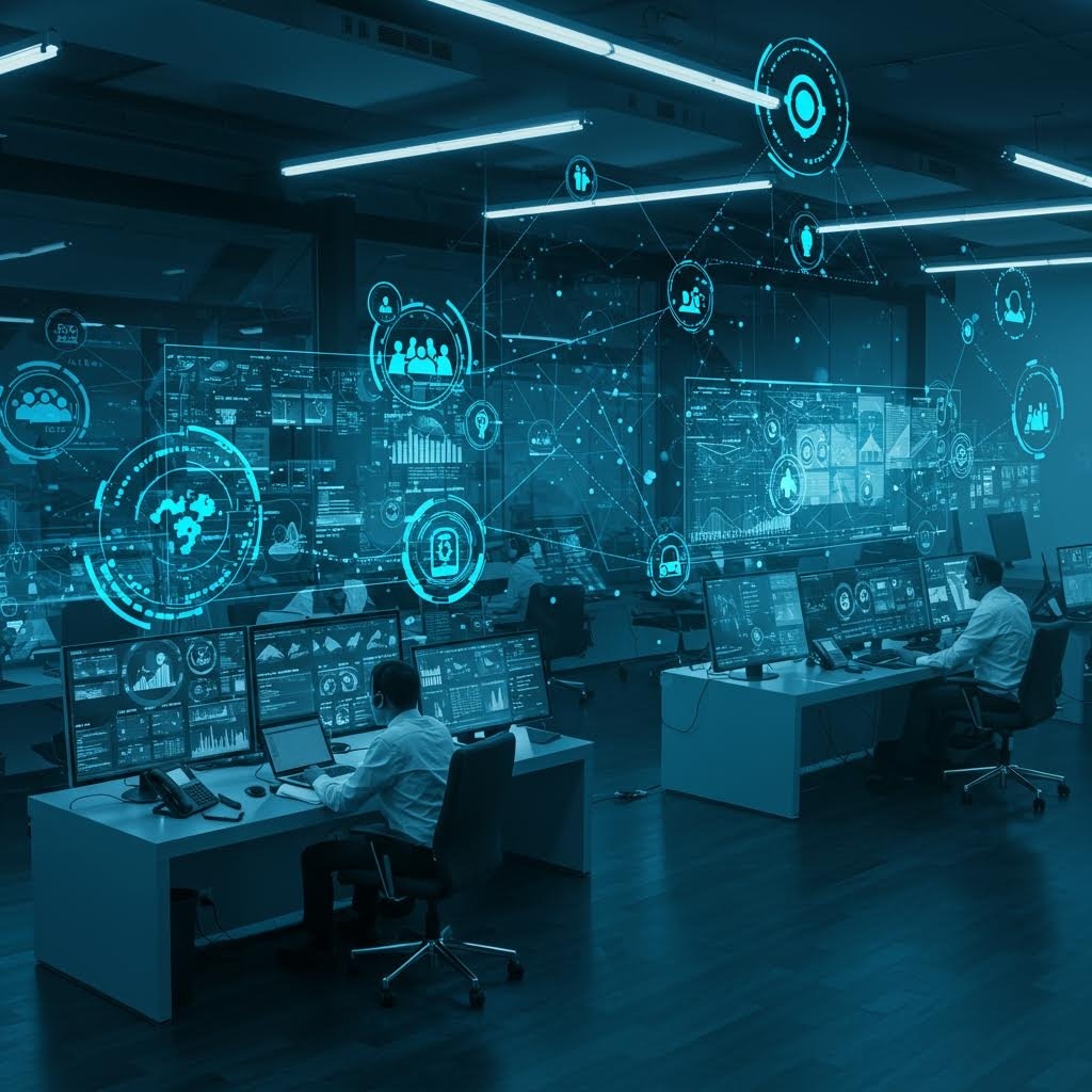 온카스터디의 첨단 데이터 분석 센터를 표현한 이미지. 여러 직원이 홀로그램 형태의 네트워크 그래프, 사용자 아이콘, 보안 시스템을 모니터링하며 실시간으로 데이터를 관리하고 있습니다.