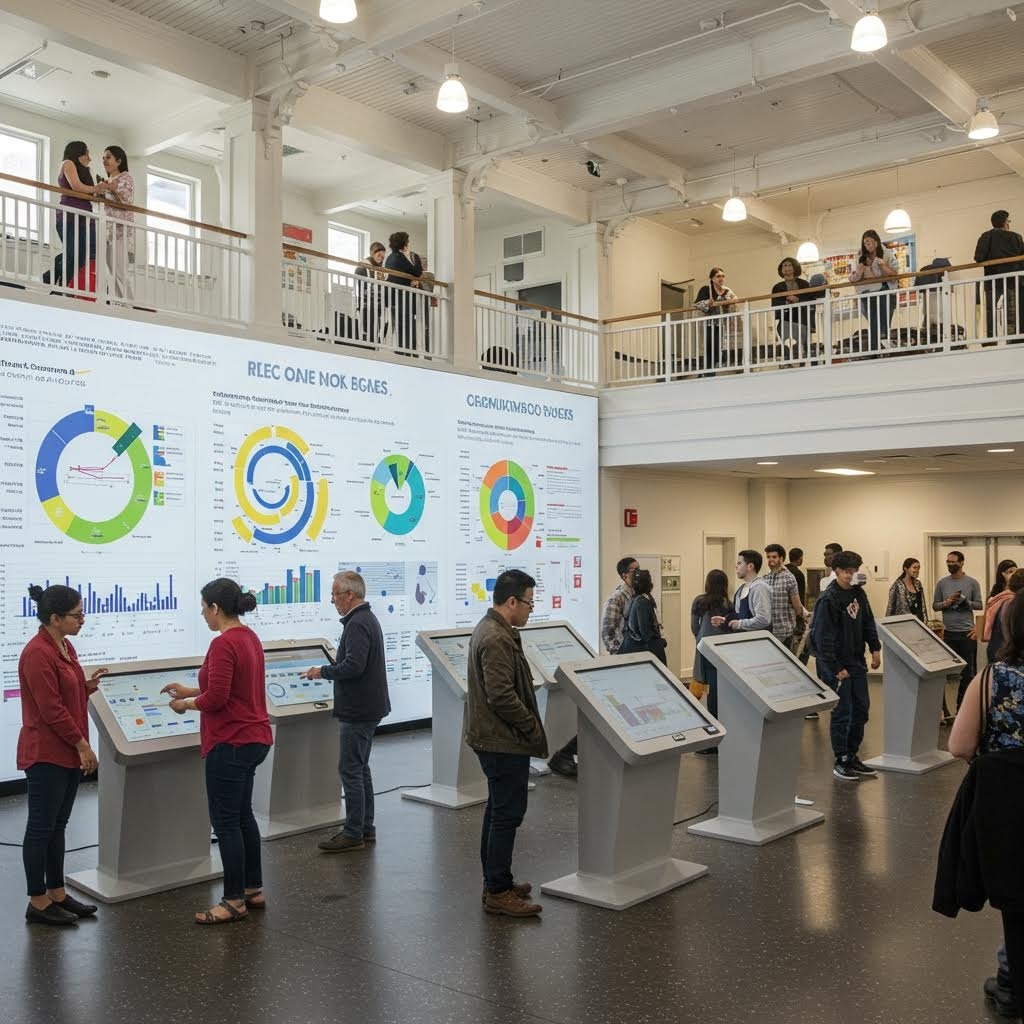 밝은 2층 전시 공간에서 여러 인터랙티브 터치스크린 키오스크 앞에 사람들이 서 있고 벽면에는 원형 차트와 막대 그래프가 표시된 대형 데이터 시각화 패널이 있는 공공 전시회 장면