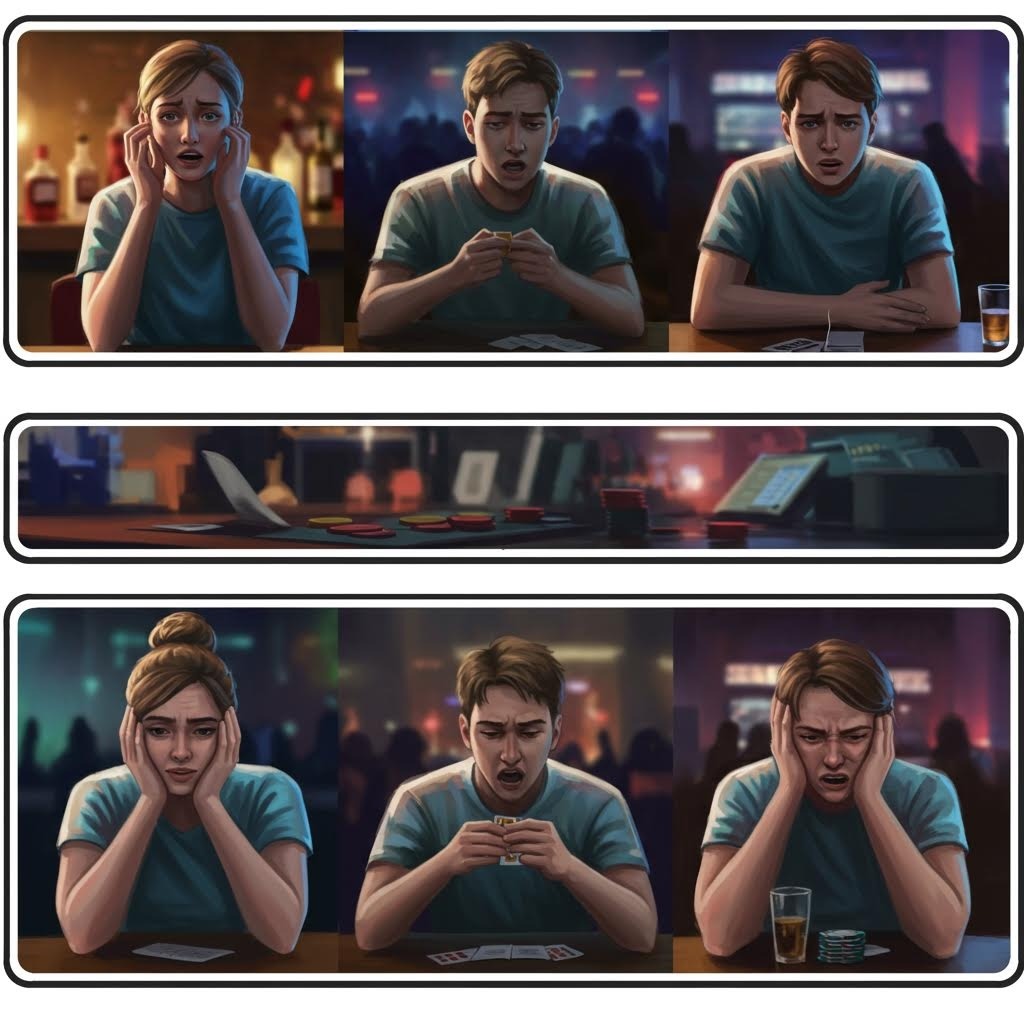 온라인 도박 중독 스트레스 받는 여성 - 카지노 바에서 좌절하고 걱정스러운 표정의 도박꾼