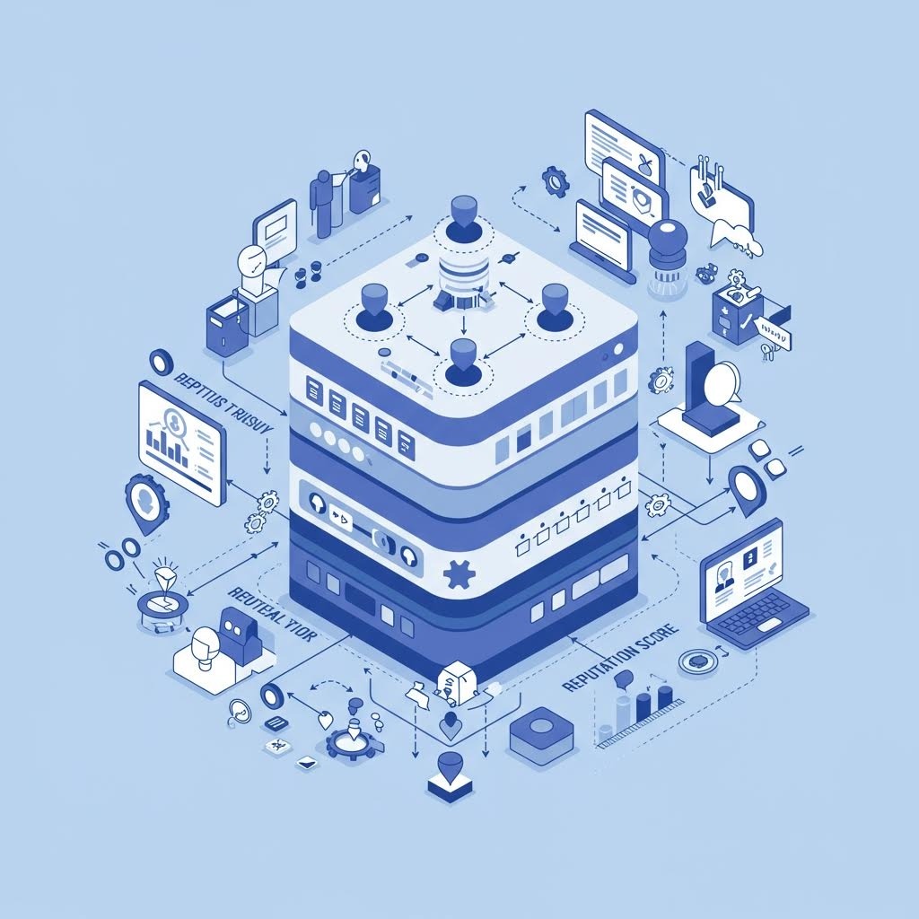 온카스터디의 디지털 신뢰와 평판 시스템을 상징하는 3D 일러스트. 중앙에 서버 형태의 구조물이 있으며, 주변에 'Reputation Trust', 'Retrieval Your', 'Reputation Score' 등의 라벨과 그래프, 사용자 아이콘, 설정 기어 등이 연결되어 있습니다.