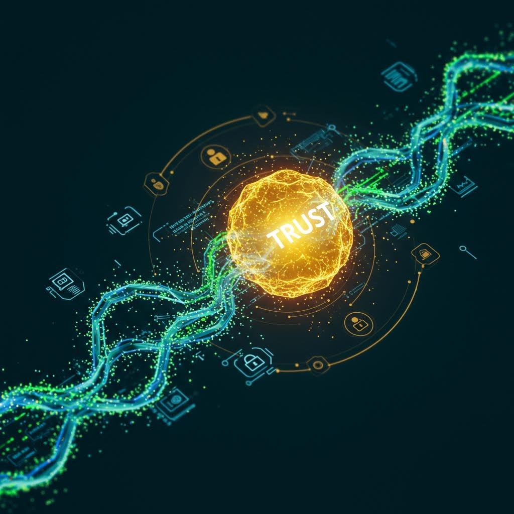 어두운 청록색 배경에 중앙의 황금빛 'TRUST' 구체에서 녹색과 청록색 블록체인 연결고리가 뻗어나가며 주변에 다양한 기술 아이콘들이 떠 있는 분산형 신뢰 네트워크 시각화