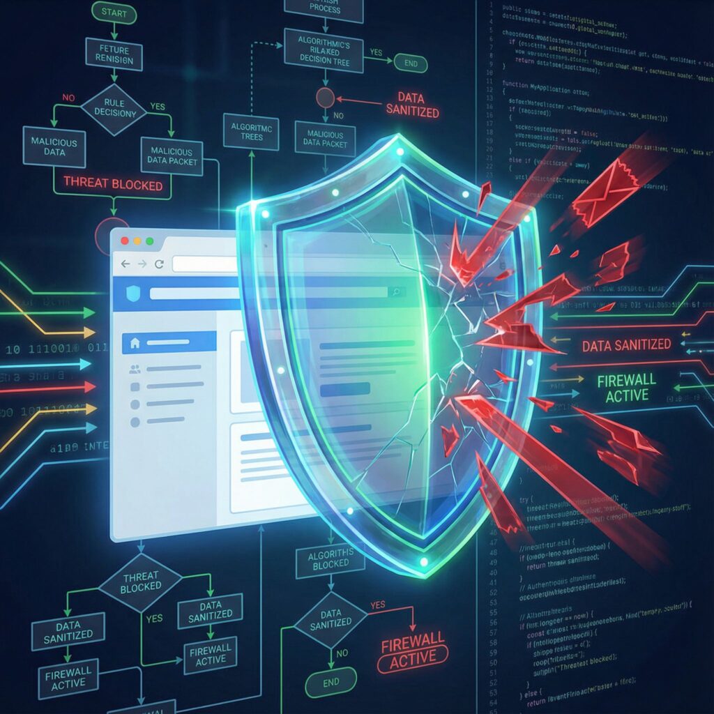 푸른빛이 감도는 알고리즘 흐름도와 규칙 기반 결정 트리가 배경에 펼쳐지며, 디지털 방패가 웹 앱을 해로운