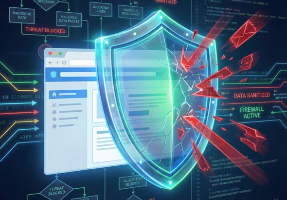 푸른빛이 감도는 알고리즘 흐름도와 규칙 기반 결정 트리가 배경에 펼쳐지며, 디지털 방패가 웹 앱을 해로운