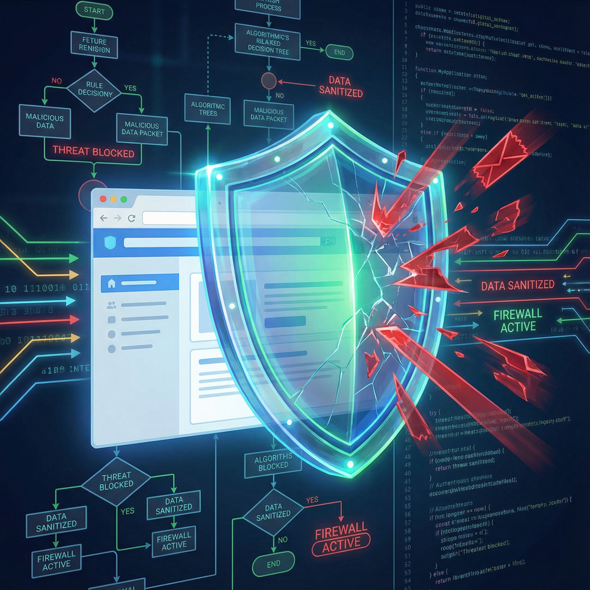 푸른빛이 감도는 알고리즘 흐름도와 규칙 기반 결정 트리가 배경에 펼쳐지며, 디지털 방패가 웹 앱을 해로운