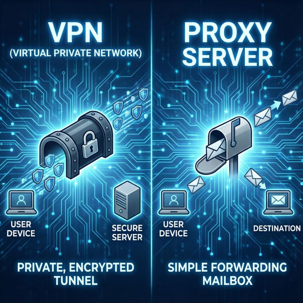 화면이 양분되어 왼쪽엔 VPN이라 적힌 보안 터널, 오른쪽엔 프록시라 적힌 우체통이 디지털 배경 위에