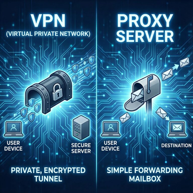 화면이 양분되어 왼쪽엔 VPN이라 적힌 보안 터널, 오른쪽엔 프록시라 적힌 우체통이 디지털 배경 위에