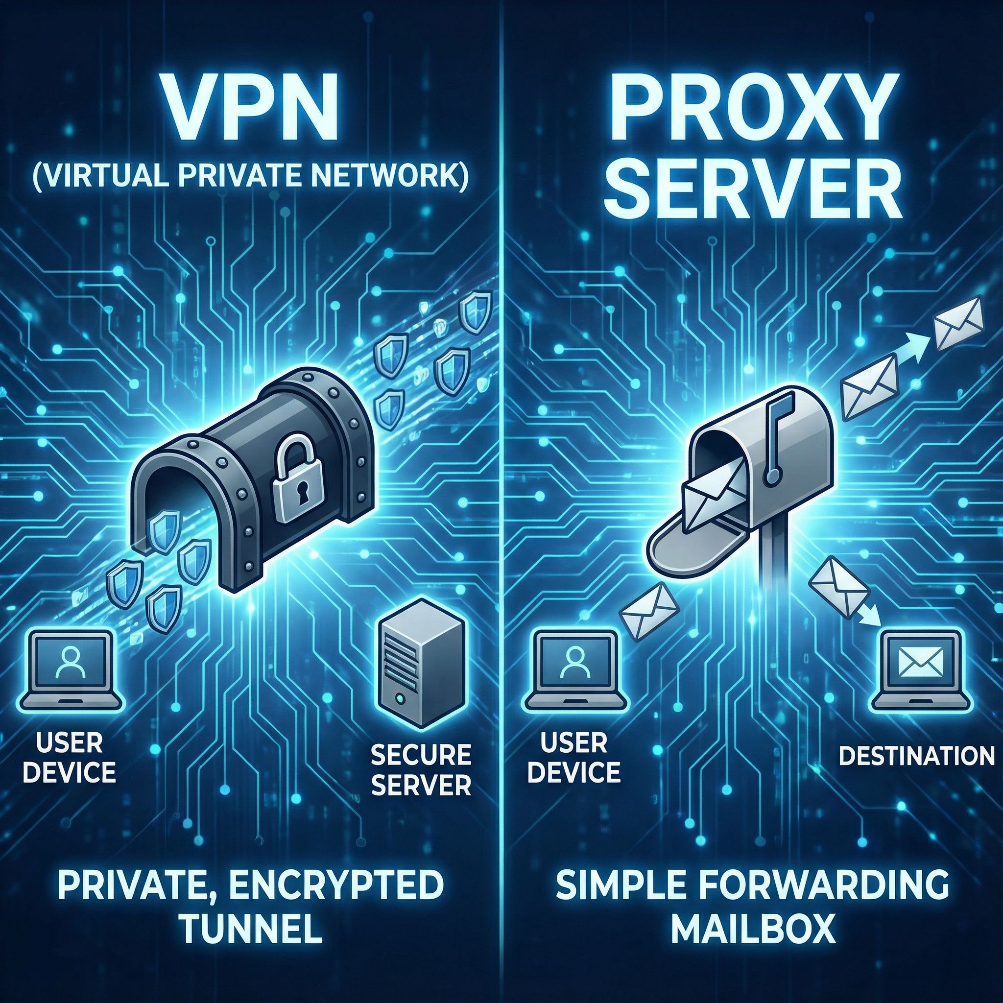 암호화된 통로와 자물쇠 아이콘으로 보호 방식 차이를 나눠 보여주는 네트워크 비교 장면