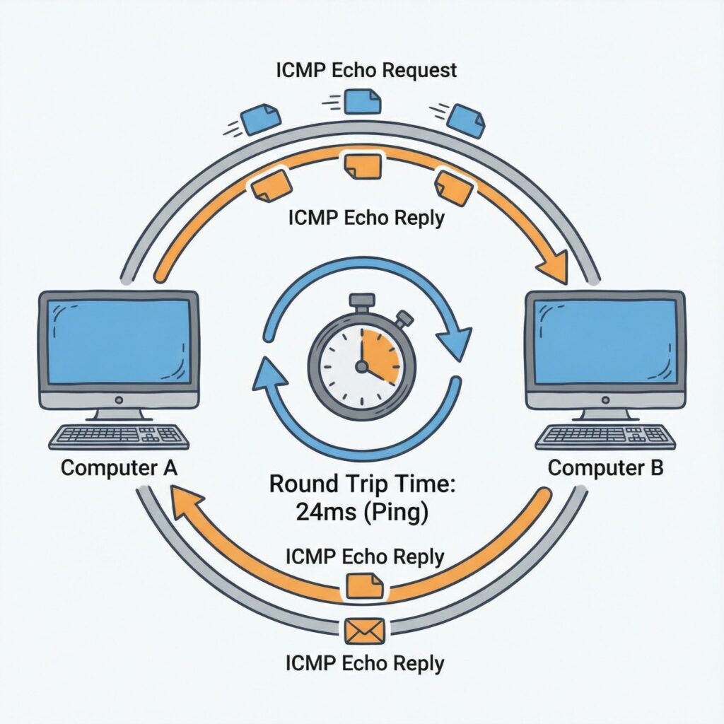 두 대의 컴퓨터 사이를 오가는 데이터 패킷과 왕복 시간을 측정하는 시계 모양의 핑 표시가 있는 단순한