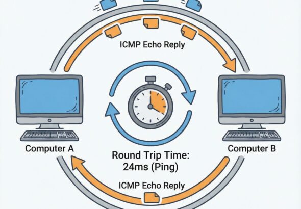 두 대의 컴퓨터 사이를 오가는 데이터 패킷과 왕복 시간을 측정하는 시계 모양의 핑 표시가 있는 단순한