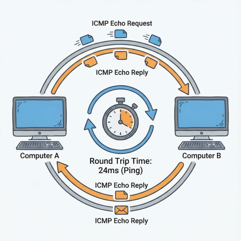 두 대의 컴퓨터 사이를 오가는 데이터 패킷과 왕복 시간을 측정하는 시계 모양의 핑 표시가 있는 단순한