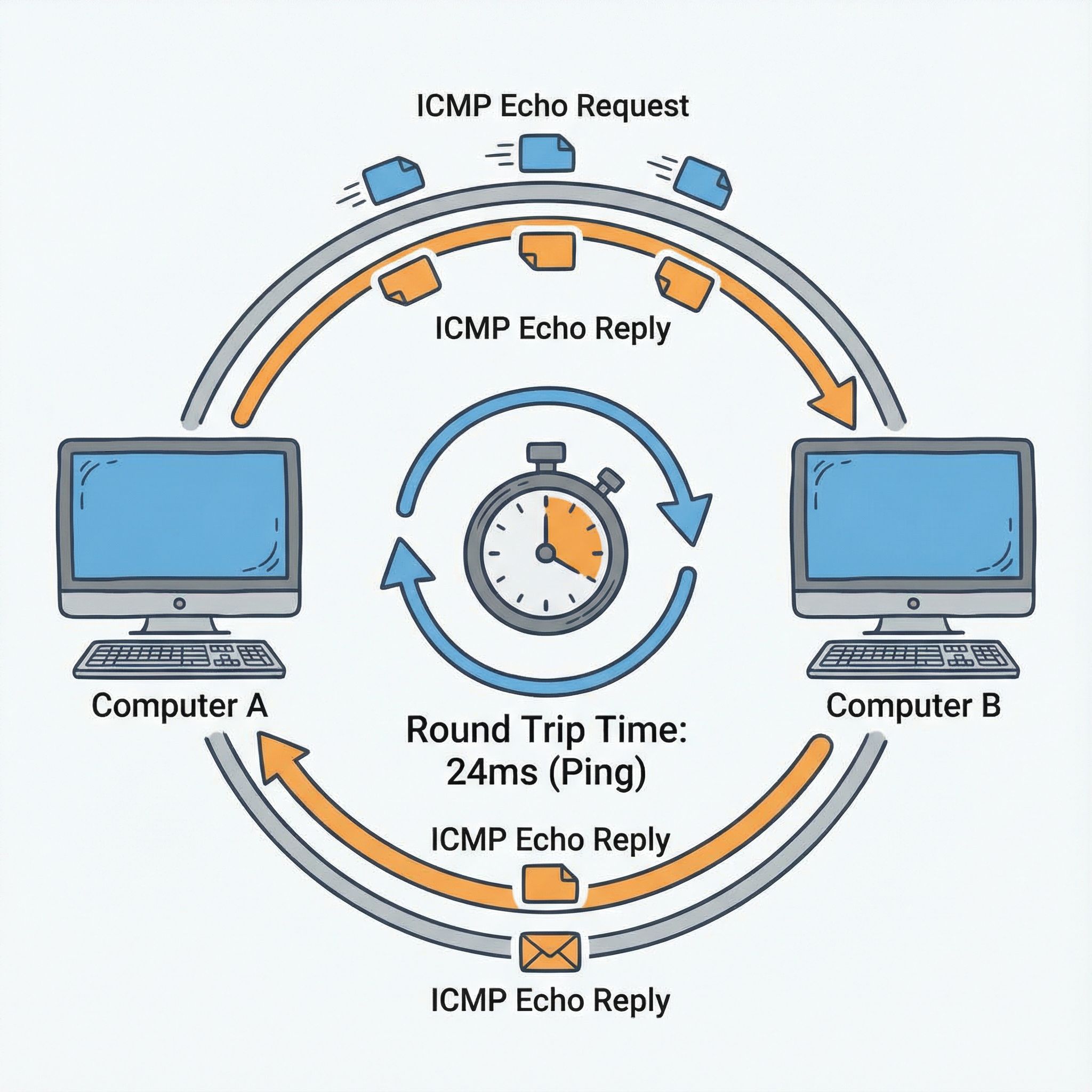 두 대의 컴퓨터 사이를 오가는 데이터 패킷과 왕복 시간을 측정하는 시계 모양의 핑 표시가 있는 단순한
