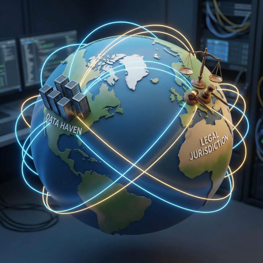 한 국가에 고정된 서버 랙이 달린 3D 지구본에서 빛나는 선이 멀리 떨어진 다른 나라의 법정 소도와