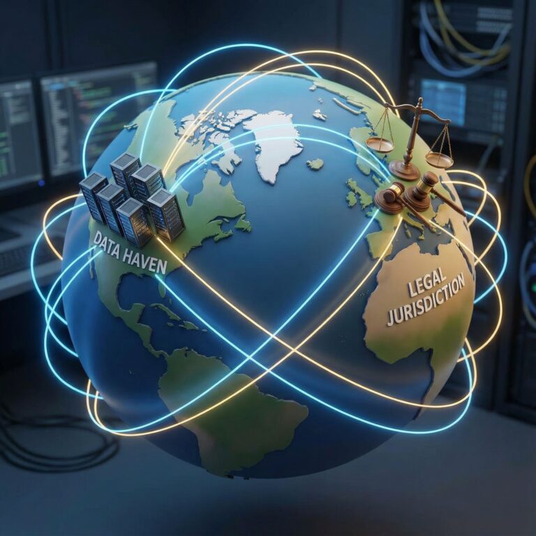 한 국가에 고정된 서버 랙이 달린 3D 지구본에서 빛나는 선이 멀리 떨어진 다른 나라의 법정 소도와