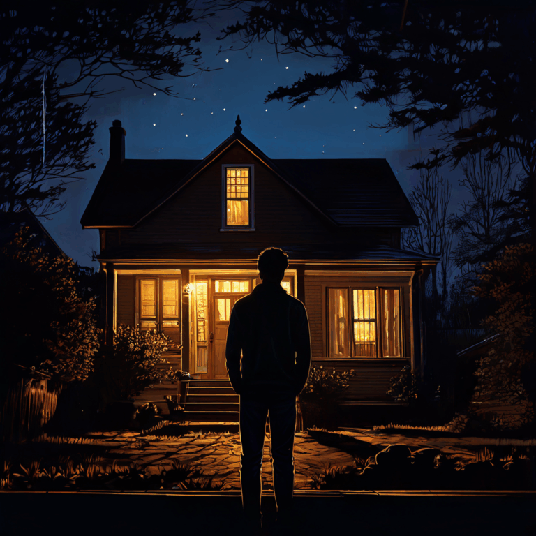 작은 어두운 창문 너머로 이웃의 크고 환한 집을 바라보며 부족함을 느끼는 모습이다.