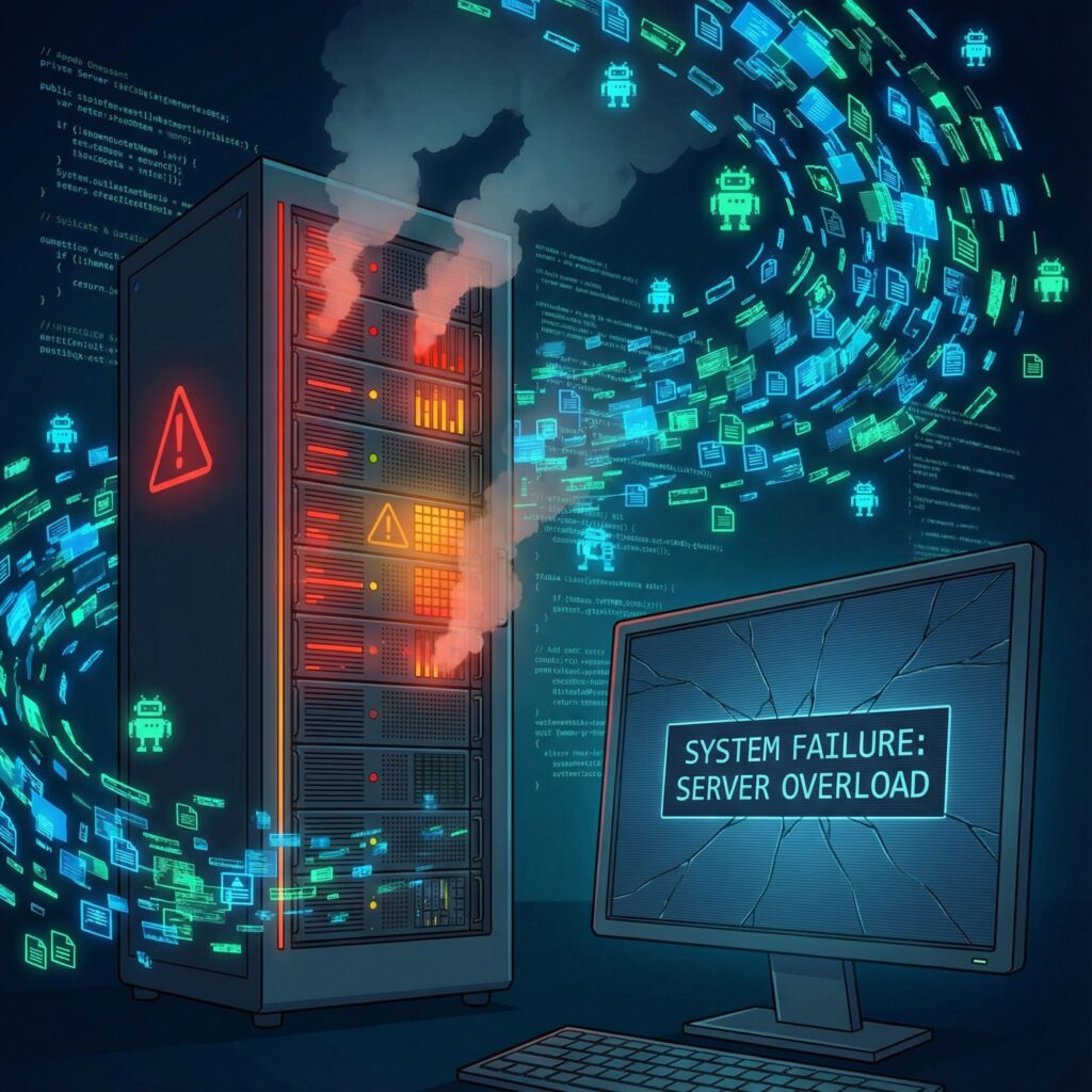 검은 배경에 수많은 붉은 로봇들이 중앙의 서버를 향해 집중 공격하며, 서버가 파란 불빛을 내다가 점차