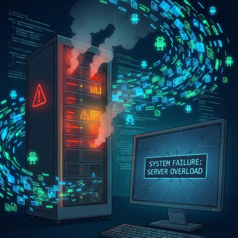 검은 배경에 수많은 붉은 로봇들이 중앙의 서버를 향해 집중 공격하며, 서버가 파란 불빛을 내다가 점차