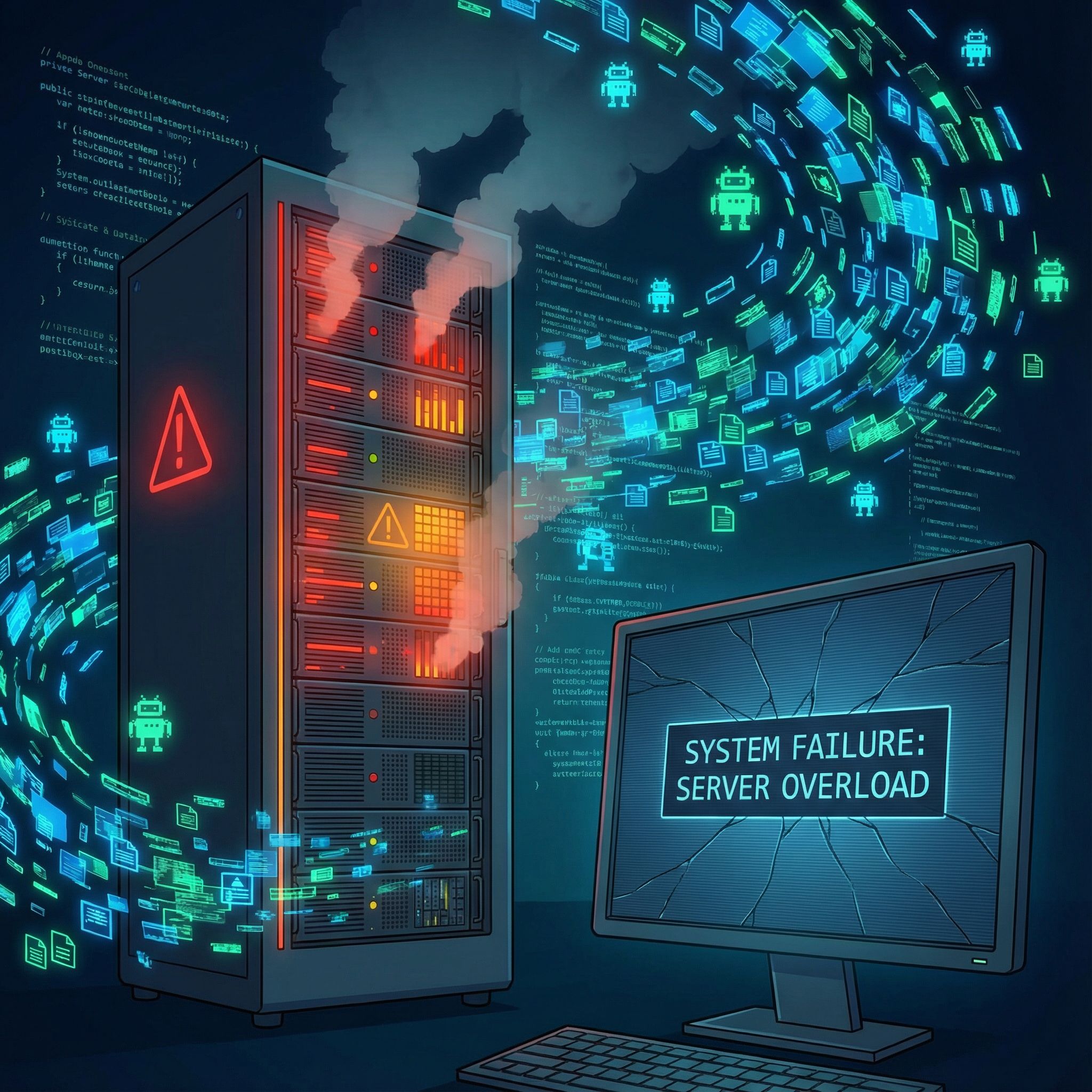 경고등이 켜진 서버 장비에서 연기와 데이터 흐름이 뒤엉켜 화면에 오류가 드러나는 위기 장면