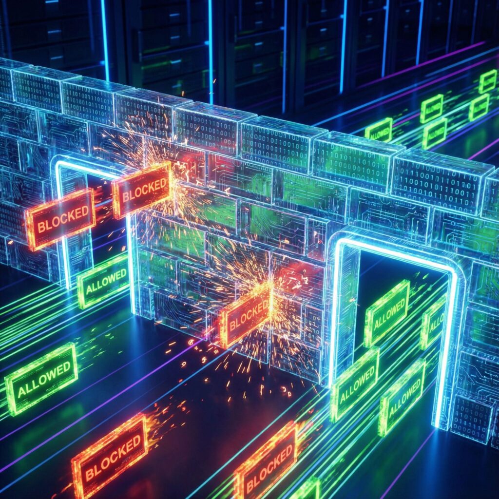 디지털 벽돌 형태의 방화벽에 녹색 데이터는 통과하고 빨간색 데이터는 막히는 모습이다.
