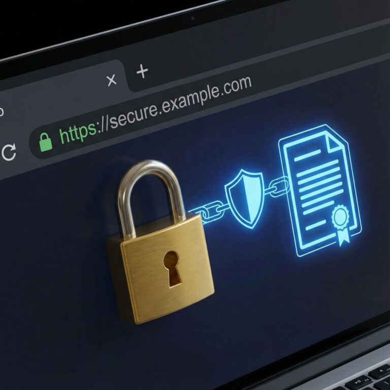 브라우저 주소창의 금속 자물쇠 옆에 방패와 체인으로 연결된 빛나는 디지털 인증서가 떠 있는 모습이다.