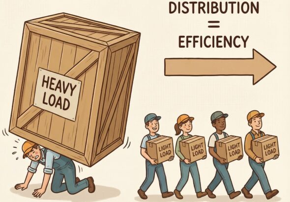 한 명이 무거운 상자 하나를 힘겹게 옆에 두고, 여러 명이 가벼운 상자 여러 개를 나누어 나르는 단순한