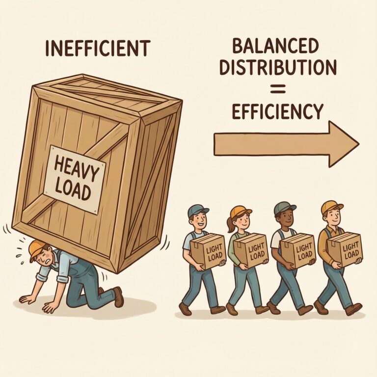 한 명이 무거운 상자 하나를 힘겹게 옆에 두고, 여러 명이 가벼운 상자 여러 개를 나누어 나르는 단순한