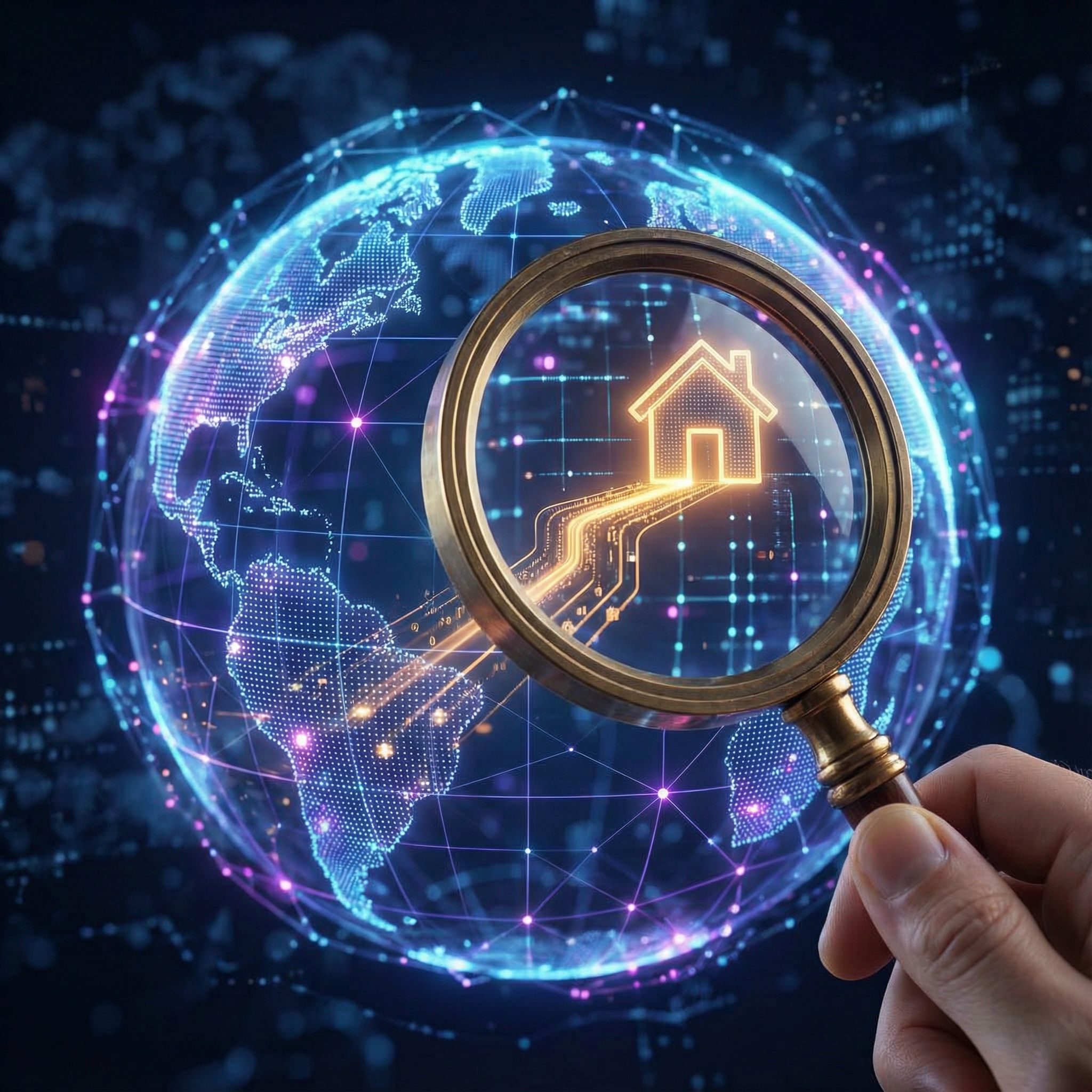 빛나는 디지털 지구에 연결선과 점들이 그물망처럼 퍼져 있고, 확대경이 그 중 한 경로를 따라 작은 집