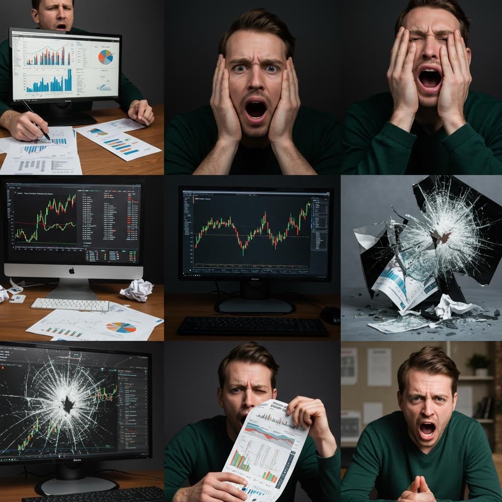 주식 차트 급변으로 스트레스를 받는 투자자 모습과 깨진 모니터, 하락 차트 화면이 포함된 트레이딩 실패 상황 모음 이미지