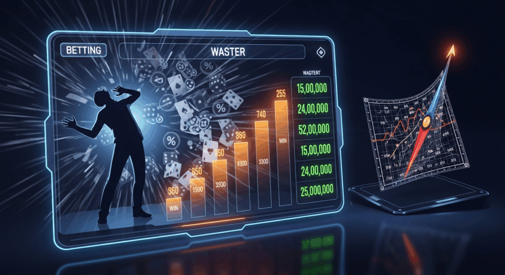 배팅 실패로 좌절하는 실루엣과 급락 그래프, 높은 지출 내역이 함께 표시된 손실 분석 화면