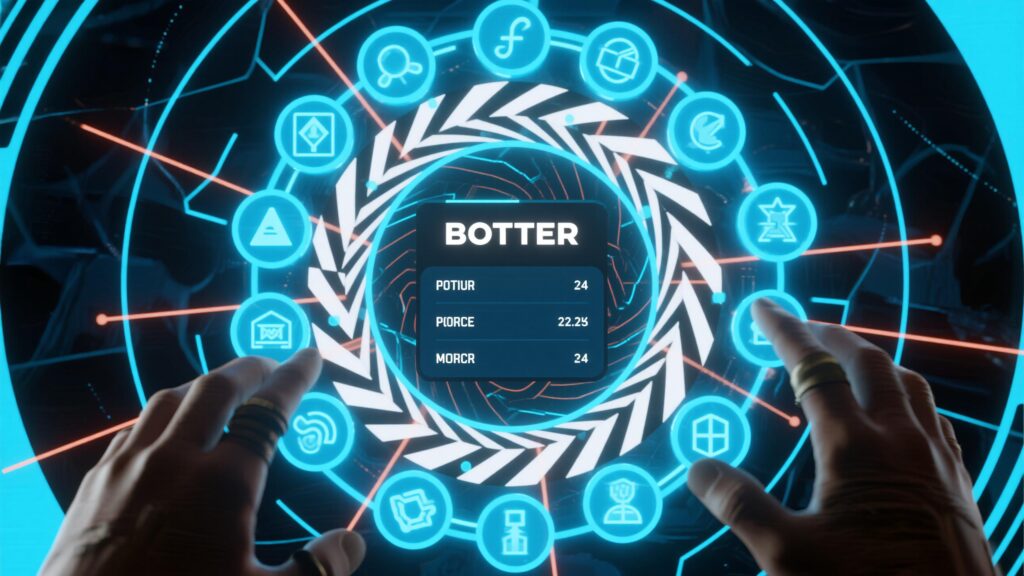 원형 UI 안에 여러 기능 아이콘이 배열되고 사용자의 손이 인터페이스를 조작하는 디지털 제어 화면