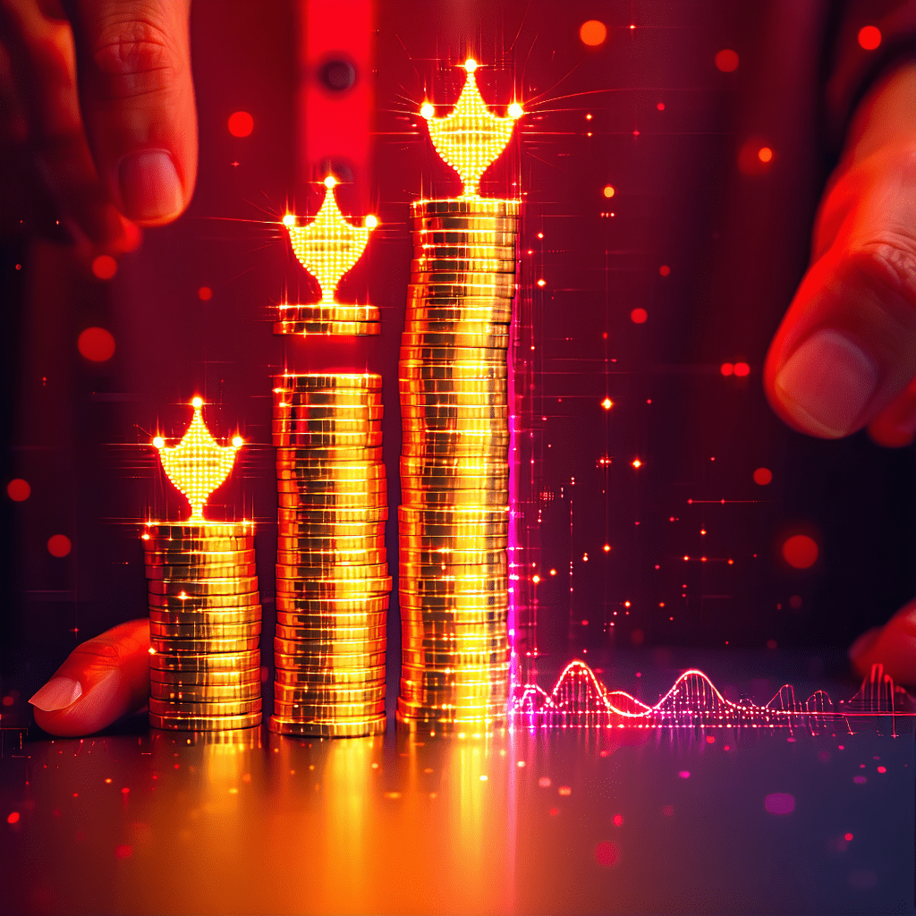 왕관 모양의 빛나는 아이콘이 쌓인 금화 위에 떠 있는 자산 성장·수익 상승 콘셉트 이미지