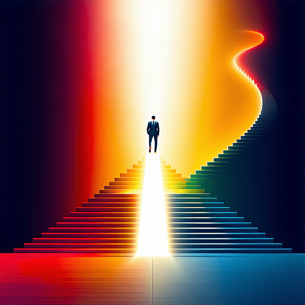 빛으로 가득한 길을 향해 계단을 오르는 비즈니스맨의 성장과 성공을 상징하는 일러스트