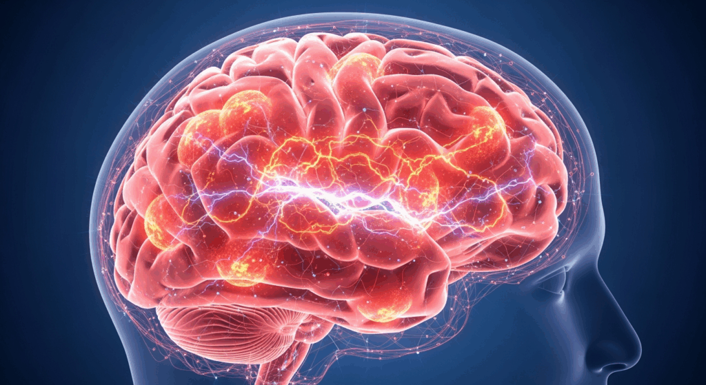 뇌 내부에서 전기 신호와 신경 활동이 강하게 활성화된 모습을 시각화한 디지털 뇌 이미지