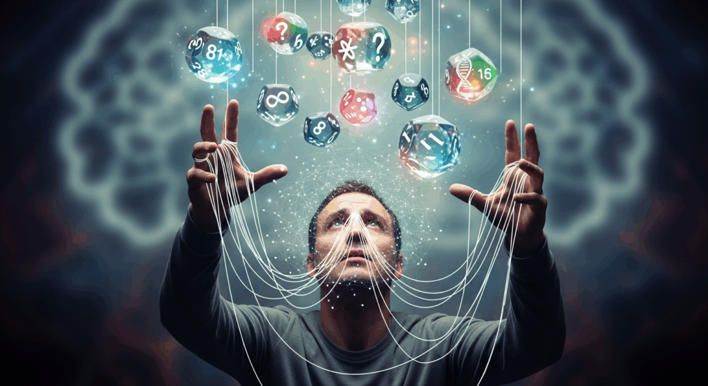 주사위·숫자·기호를 공중에서 조종하려는 인물이 나타난 도박 통제·착각 심리 콘셉트 이미지