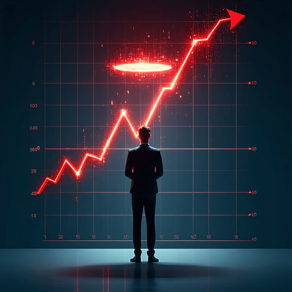 급상승하는 붉은 차트를 바라보는 비즈니스맨이 투자 성과를 상징하는 금융 그래픽